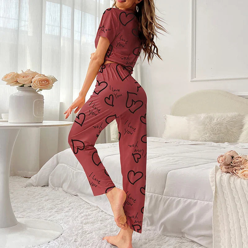 Pyjama Femme Long Pantalon + Chemise à Manches Courtes I Love You en Coton | CozyCloud