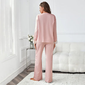 Pyjama Femme Long Pantalon + Chemise à Manches Longues Dentellec en 100% Satin | CozyCloud