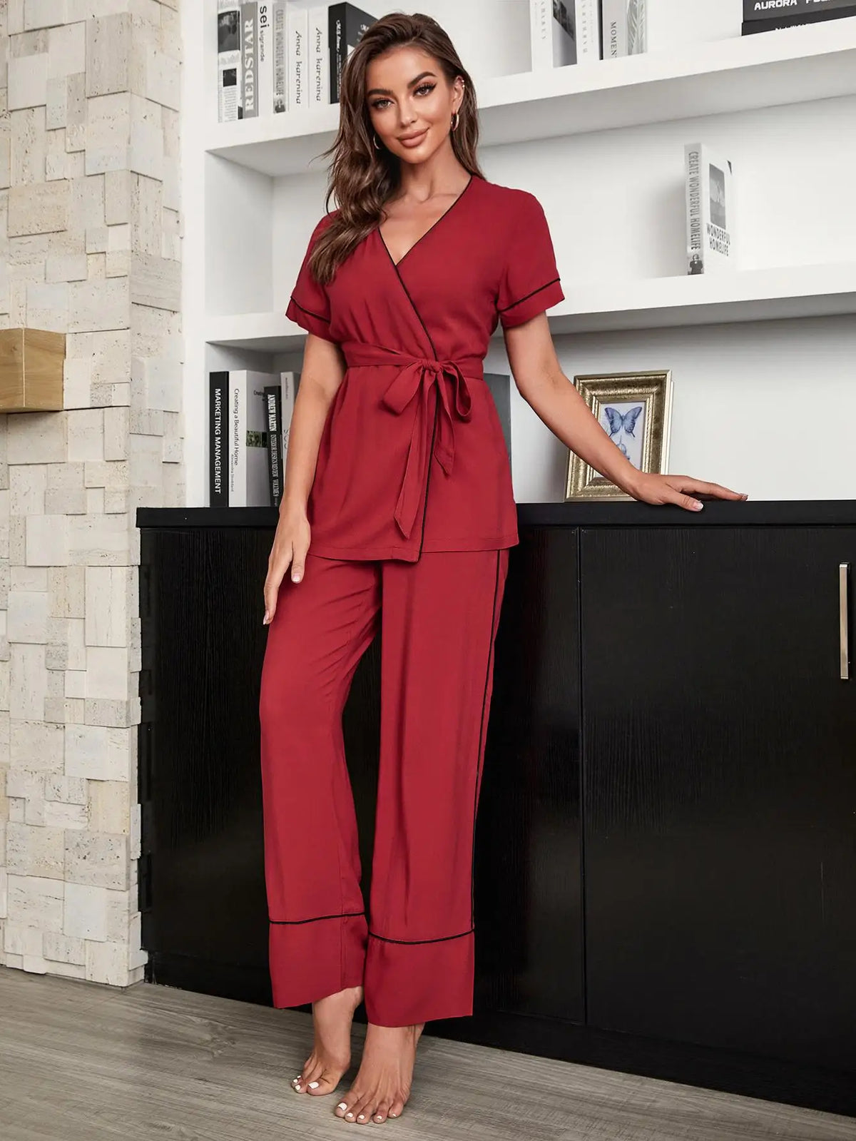 Pyjama Femme Long Pantalon + Kimono NœudRouge en 100% Viscose | CozyCloud