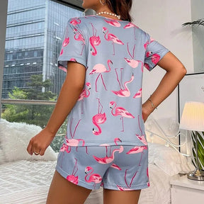 Pyjama Femme Courts Shorts + Chemise à Manches Courtes Flamants en Coton | CozyCloud