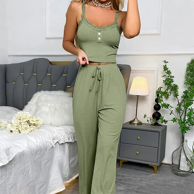 Pyjama Femme Long Pantalon + Débardeur DentelleFleurs en Coton | CozyCloud