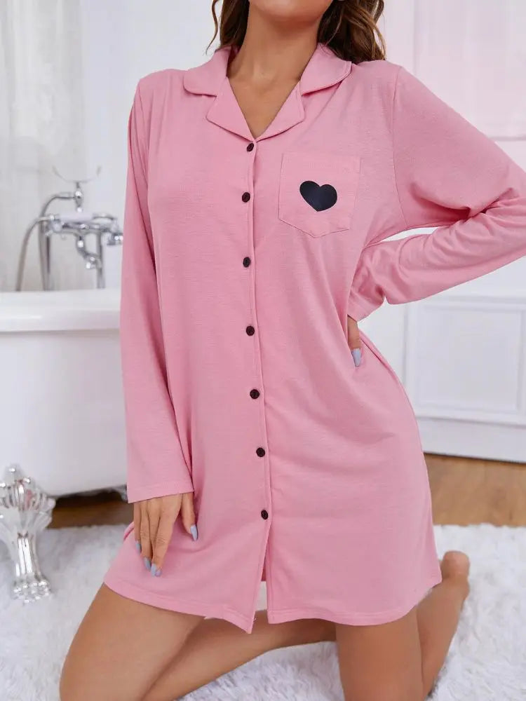 Pyjama Femme Chemise de Nuit à Manches Longues CœurPoitrine 100% Viscose | CozyCloud