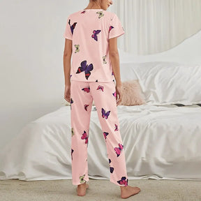 Pyjama Femme Long Pantalon + Chemise à Manches Courtes Vibrants en Coton | CozyCloud