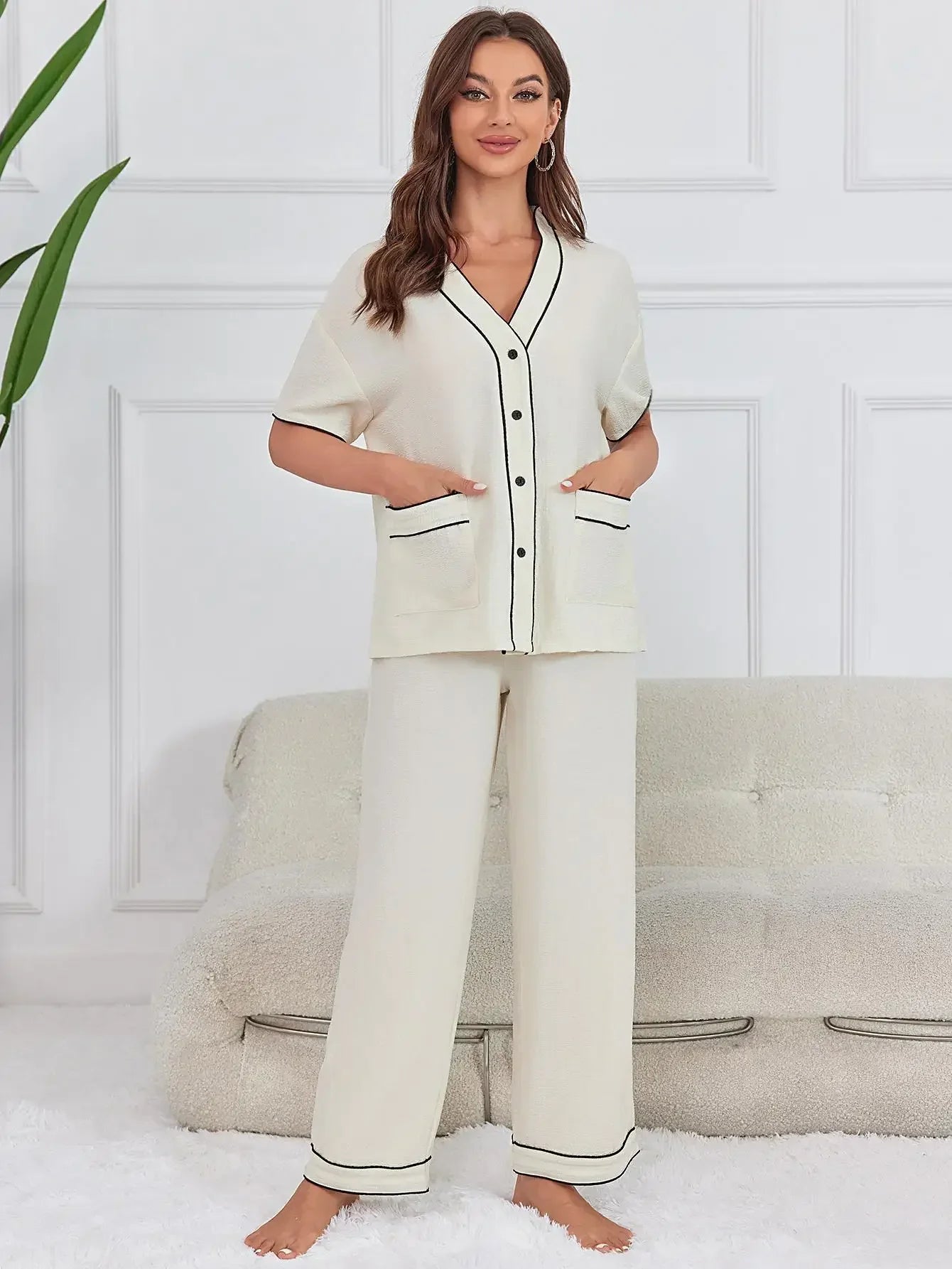 Pyjama Femme Long Pantalon + Chemise à Manches Longues Night Bliss en Coton | CozyCloud