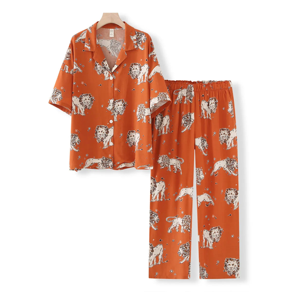 Pyjama Femme Courts Chemise à Manches Courtes + Shorts ou Pantalon Lions en 100% Viscose | CozyCloud