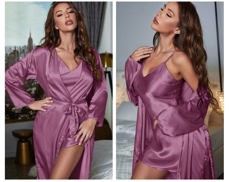 Pyjama Femme Ensemble Peignoir avec Nœud + Nuisette Vibrant en Satin | CozyCloud