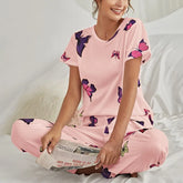 Pyjama Femme Long Pantalon + Chemise à Manches Courtes Vibrants en Coton | CozyCloud