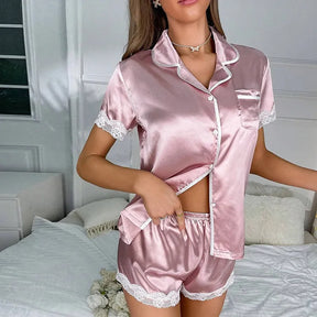 Pyjama Femme Courts Shorts + Chemise à Manches Courtes Boutons en Satin | CozyCloud