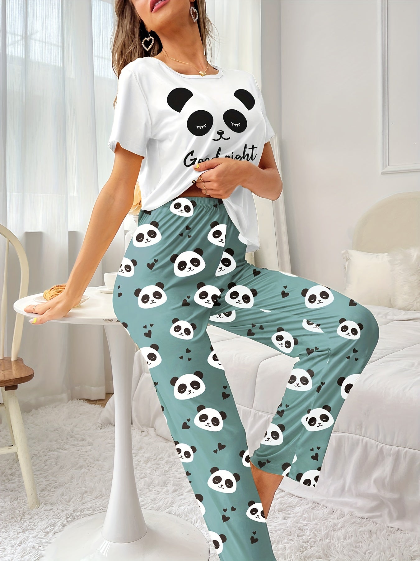 Pyjama Femme Long Pantalon + Chemise à Manches Courtes Panda Night en Coton | CozyCloud