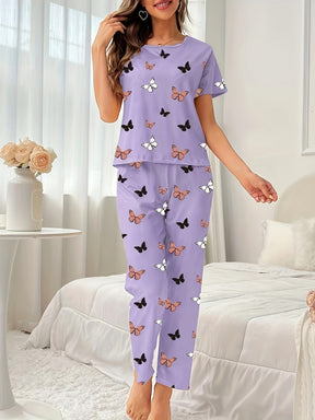 Pyjama Femme Long Pantalon + Chemise à Manches Courtes Papillons Petites en Coton | CozyCloud