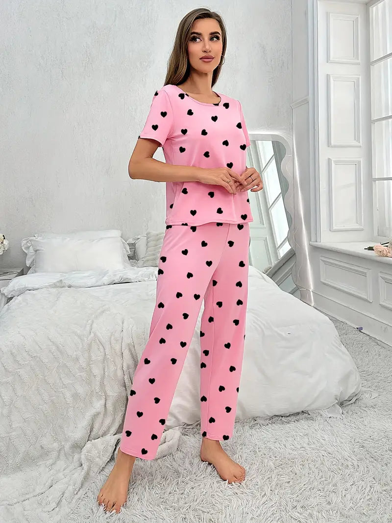 Pyjama Femme Long Pantalon + Chemise à Manches Courtes Coeurs en 100% Jersey | CozyCloud