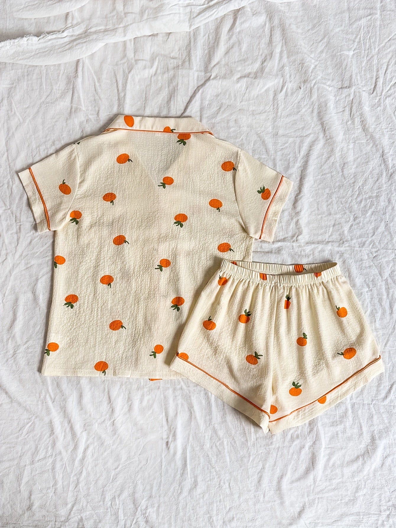 Pyjama Femme Court Shorts + Chemise à Manches Courtes Américain Boutons Oranges en Coton | CozyCloud