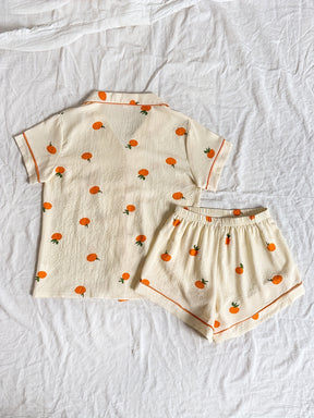 Pyjama Femme Court Shorts + Chemise à Manches Courtes Américain Boutons Oranges en Coton | CozyCloud