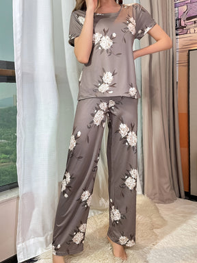 Pyjama Femme Long Pantalon + Chemise à Manches Courtes Roses Blancs en Coton | CozyCloud