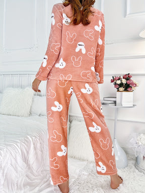 Pyjama Femme Long Pantalon + Chemise Peluche Manches Longues PetitsLapins en 100% Coton | CozyCloud