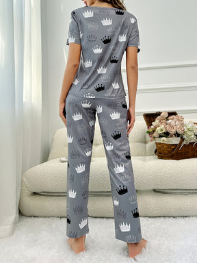 Pyjama Femme Long Pantalon + Chemise à Manches Courtes Couronnes B&N en Coton | CozyCloud