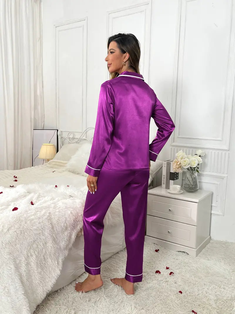 Pyjama Femme Long Pantalon + Chemise Manches Longues Américain B Vibrant en 100% Satin | CozyCloud