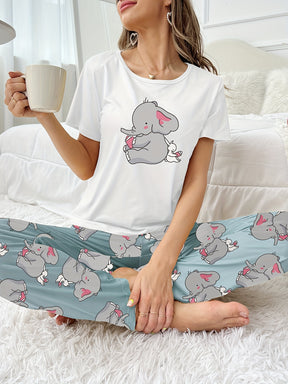 Pyjama Femme Long Pantalon + Chemise à Manches Courtes Éléphants et Lapins en Coton | CozyCloud