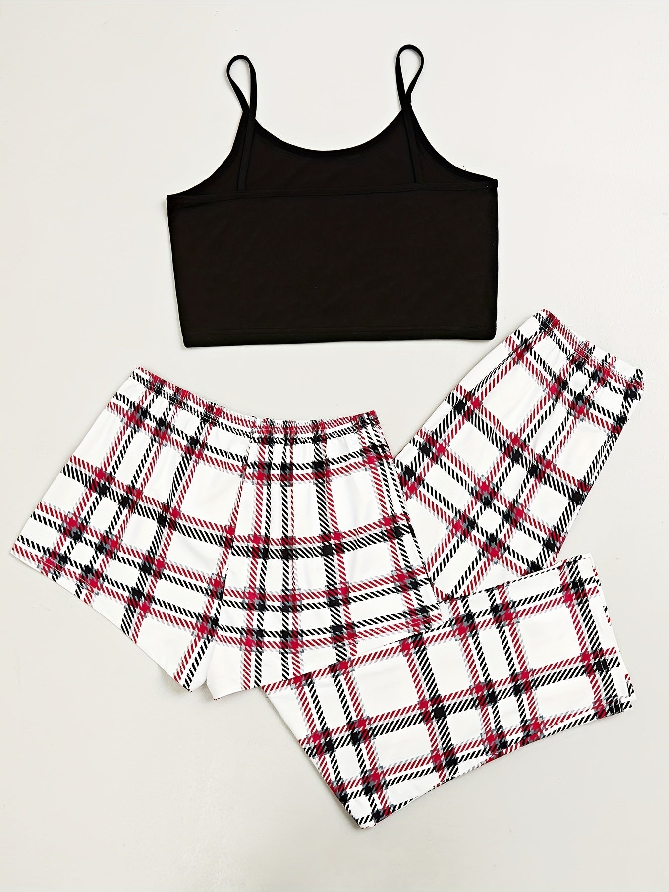 Pyjama Femme 3 Pièces Pantalon + Shorts + Crop Top Carreuax Rouge en Coton | CozyCloud