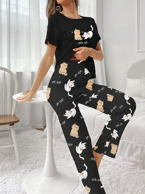 Pyjama Femme Long Pantalon + Chemise à Manches Courtes Cute Cat en Coton | CozyCloud