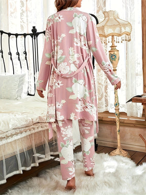 Pyjama Femme Ensemble 3 Pièces Peignoir + Pantalon + Débardeur FleursBlancs en Coton | CozyCloud