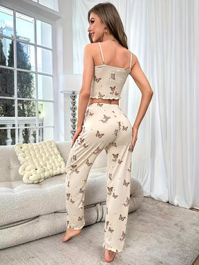 Pyjama Femme Long Pantalon + Crop Top MarronPapillons en Coton | CozyCloud