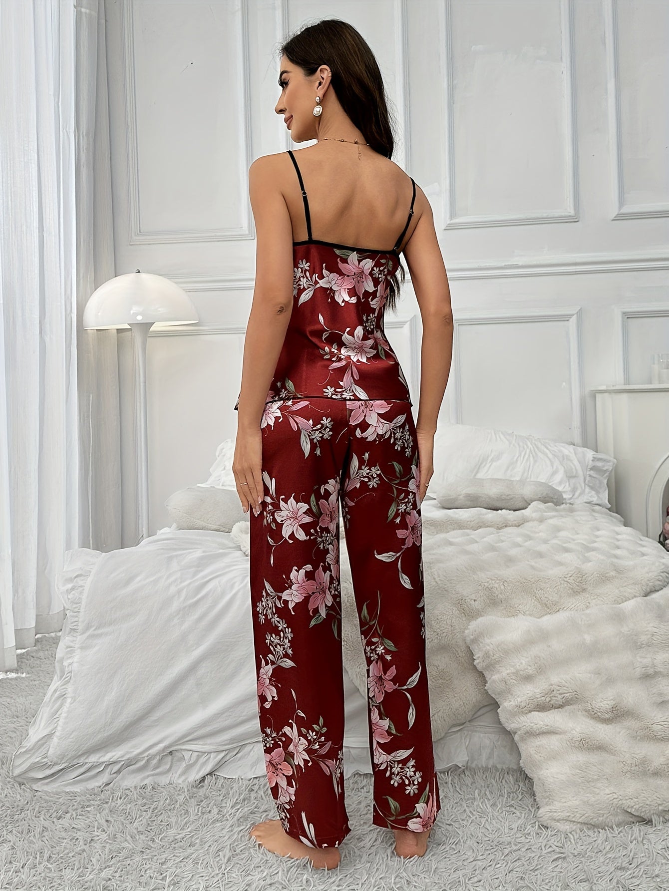 Pyjama Femme Long Pantalon + Débardeur R&B Fleurs en 100% Satin | CozyCloud