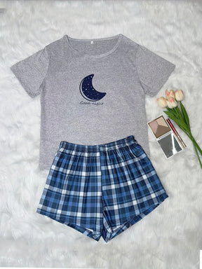 Pyjama Femme Court Shorts + Chemise à Manches Courtes Lune Good en Coton | CozyCloud