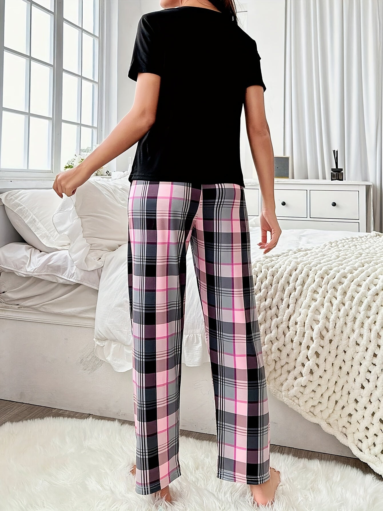 Pyjama Femme Long Pantalon + Chemise à Manches Courtes Good à Carreaux  en Coton | CozyCloud