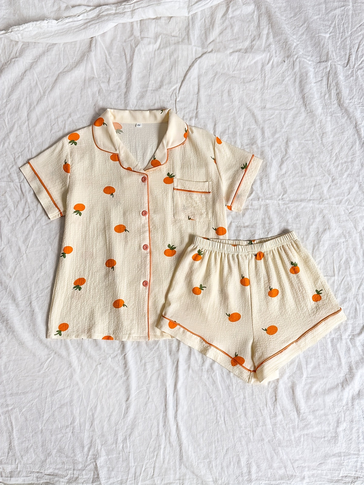 Pyjama Femme Court Shorts + Chemise à Manches Courtes Américain Boutons Oranges en Coton | CozyCloud