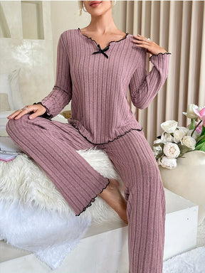 Pyjama Femme Long Pantalon + Chemise à Manches Longues en Peluche Bordures en Coton | CozyCloud