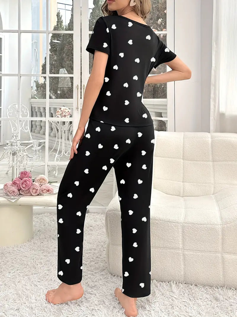 Pyjama Femme Long Pantalon + Chemise à Manches Courtes Coeurs en 100% Jersey | CozyCloud