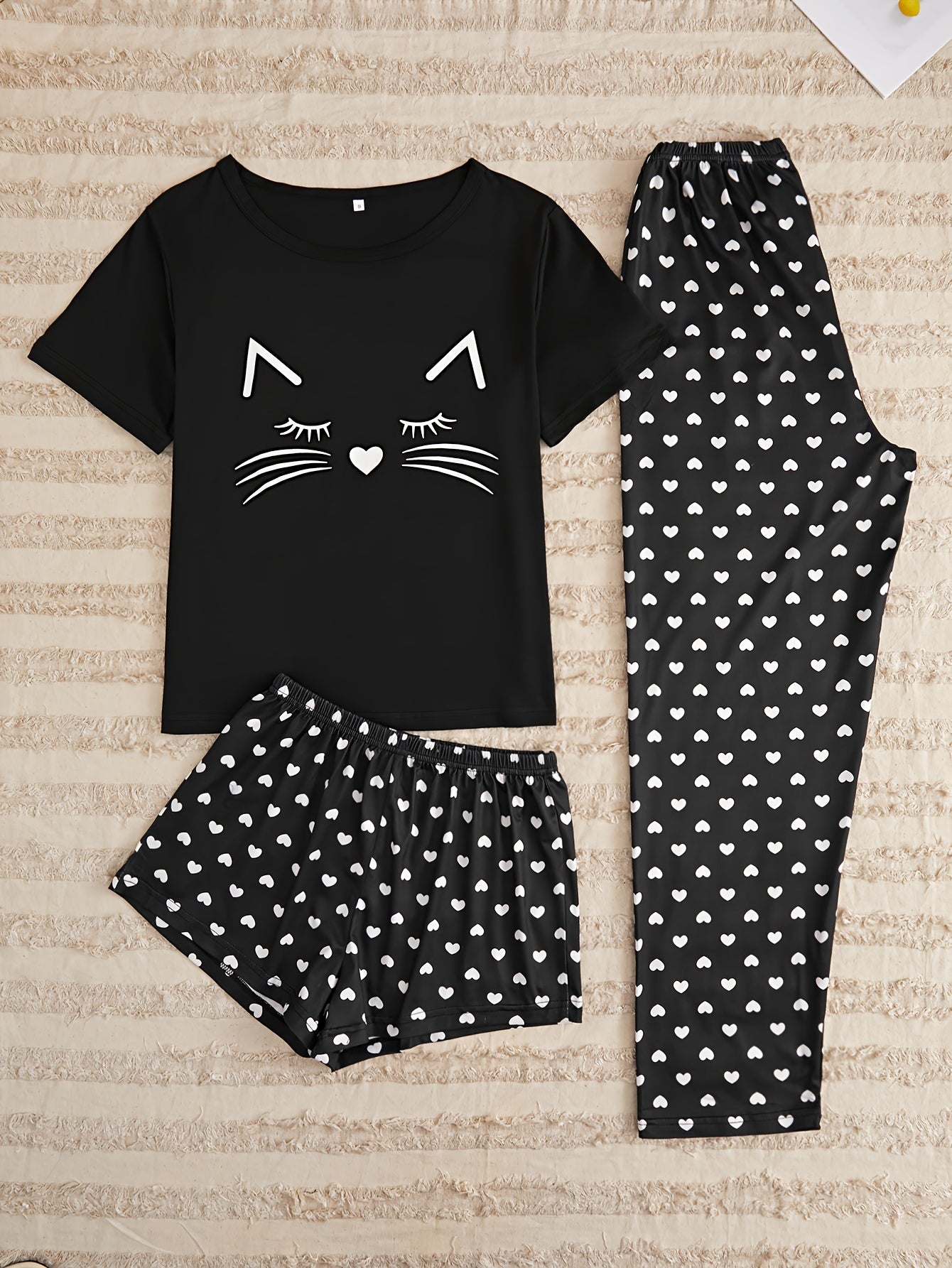 Pyjama Femme 3 Pièces Pantalon + Shorts + Chemise Manches Courtes PetitsCoeurs en Coton | CozyCloud