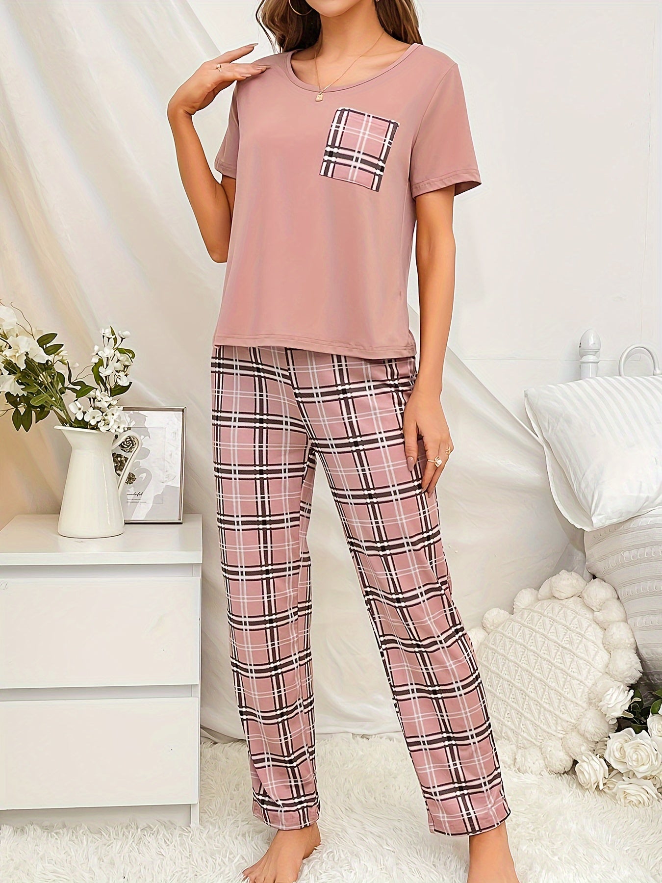 Pyjama Femme Long Pantalon + Chemise à Manches Courtes Fausse Poche en Coton | CozyCloud