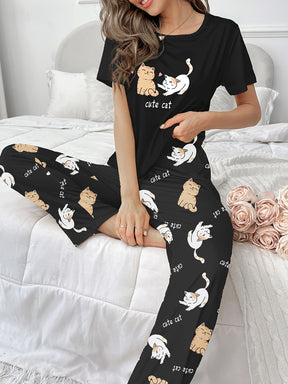 Pyjama Femme Long Pantalon + Chemise à Manches Courtes Cute Cat en Coton | CozyCloud