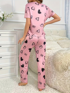 Pyjama Femme Long Pantalon + Chemise à Manches Courtes CoeursNoirs et Noeud en Coton | CozyCloud