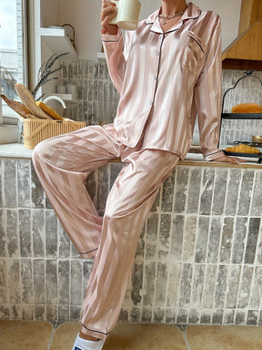 Pyjama Femme Long Pantalon + Chemise Manches Longues Américain B Champagne en Satin | CozyCloud