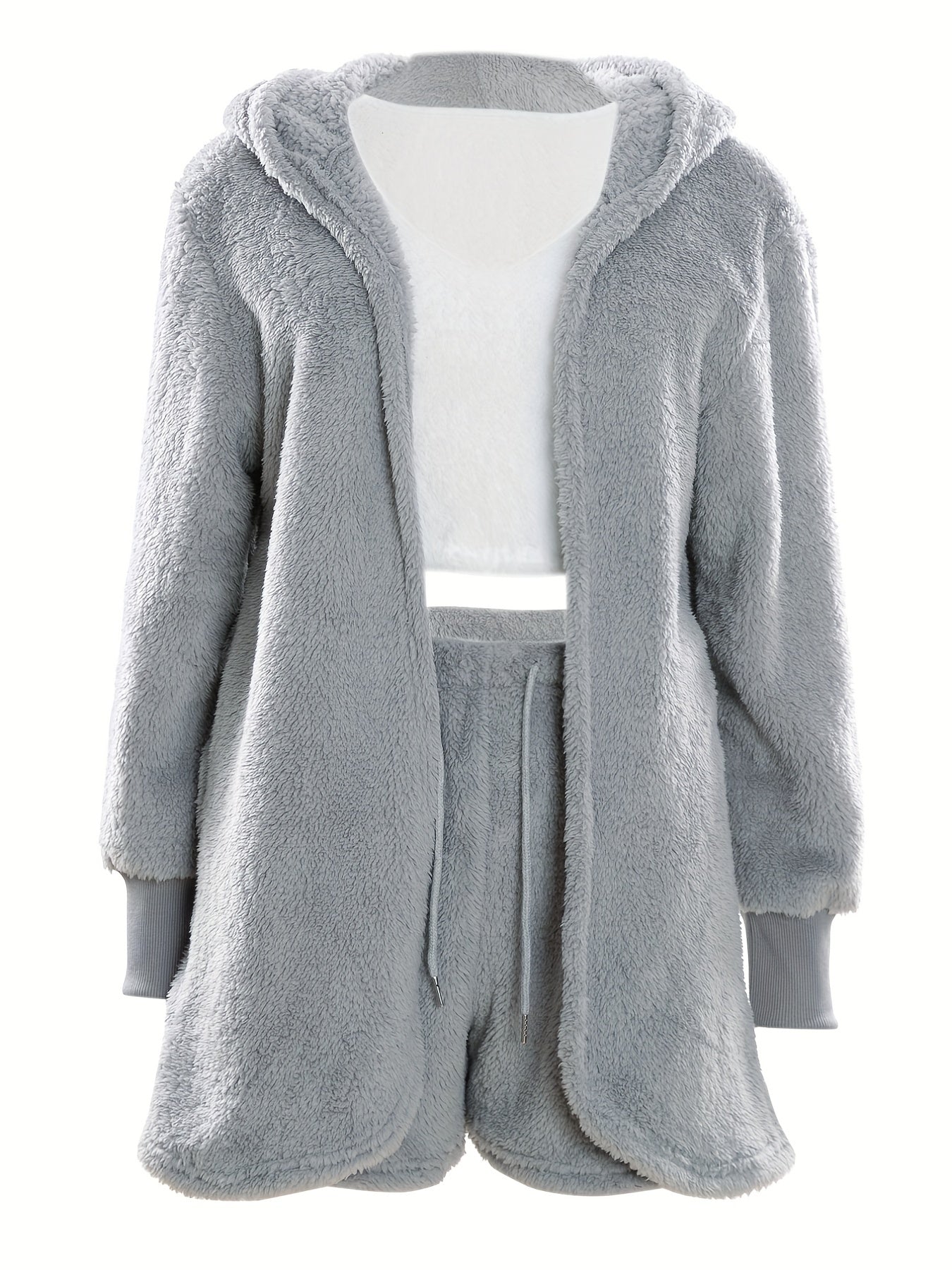 Pyjama Femme Ensemble Peignoir Manches Longues + Shorts + Crop Top Peluche en 100% Coton | CozyCloud