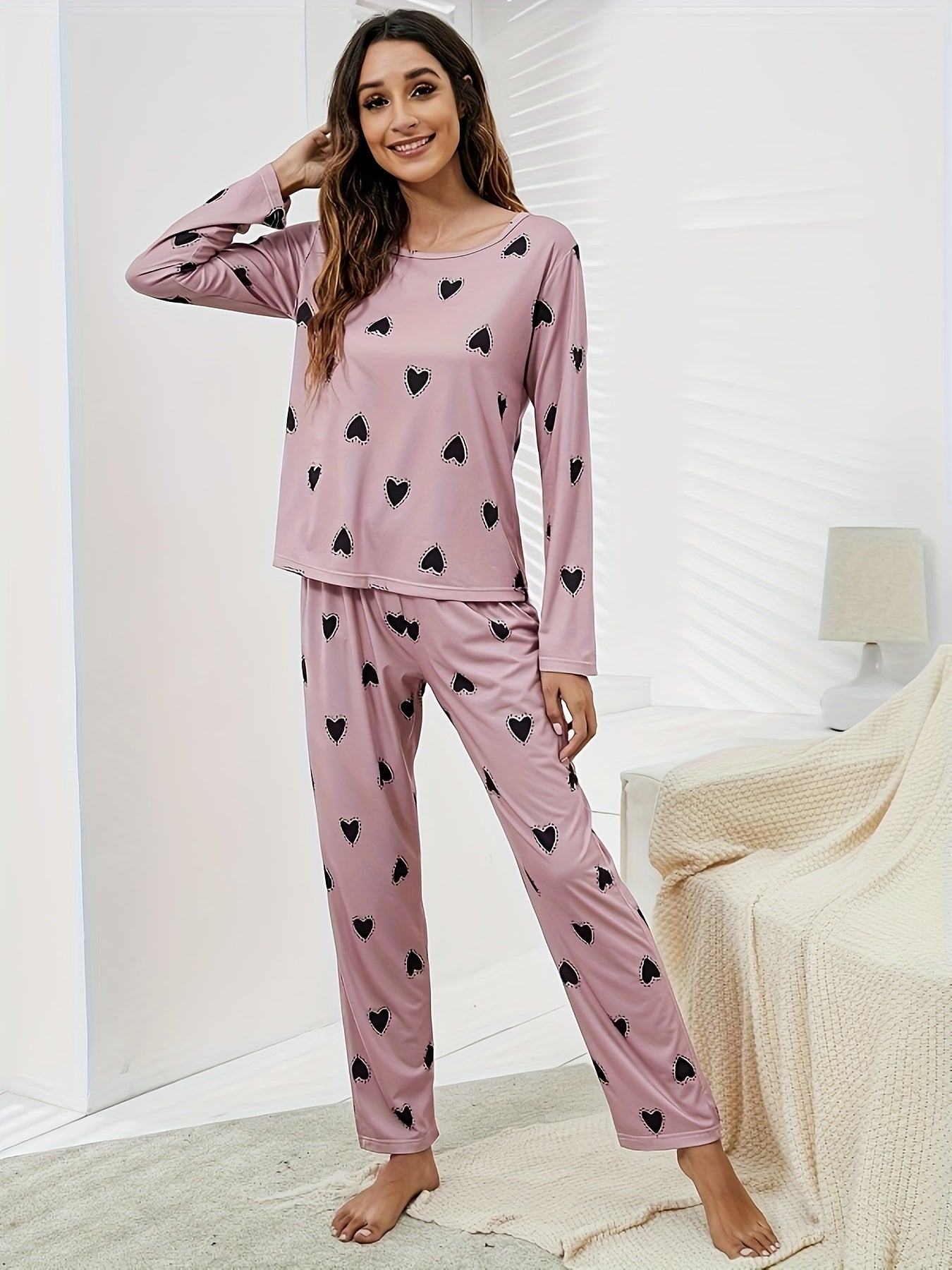 Pyjama Femme Long Pantalon + Chemise à Manches Longues Coeurs en Tissu Élastique | CozyCloud