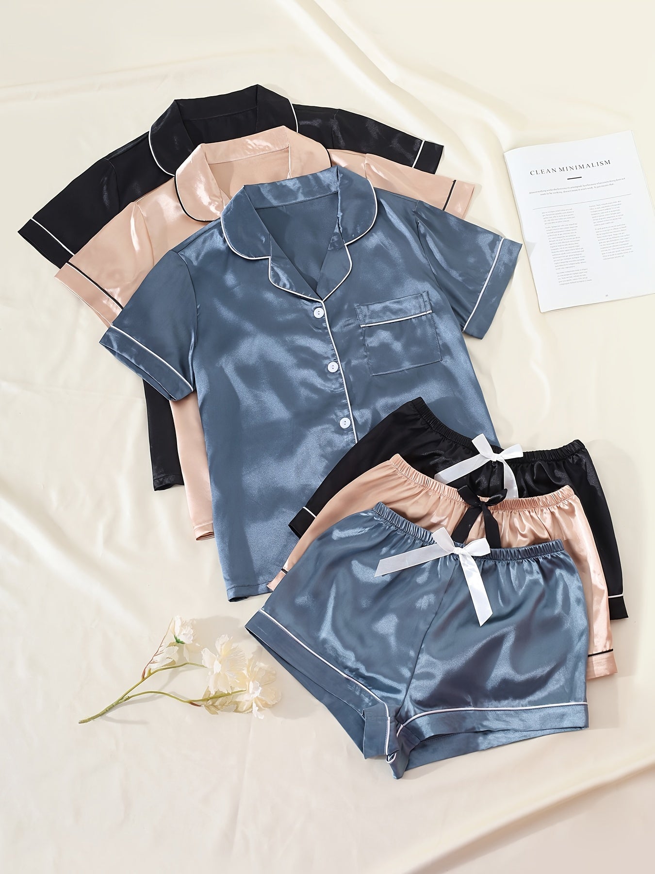 Pyjama Femme 6 Pièces Court Shorts + Chemise Manches Courtes Américain Neutre 100% Satin | CozyCloud