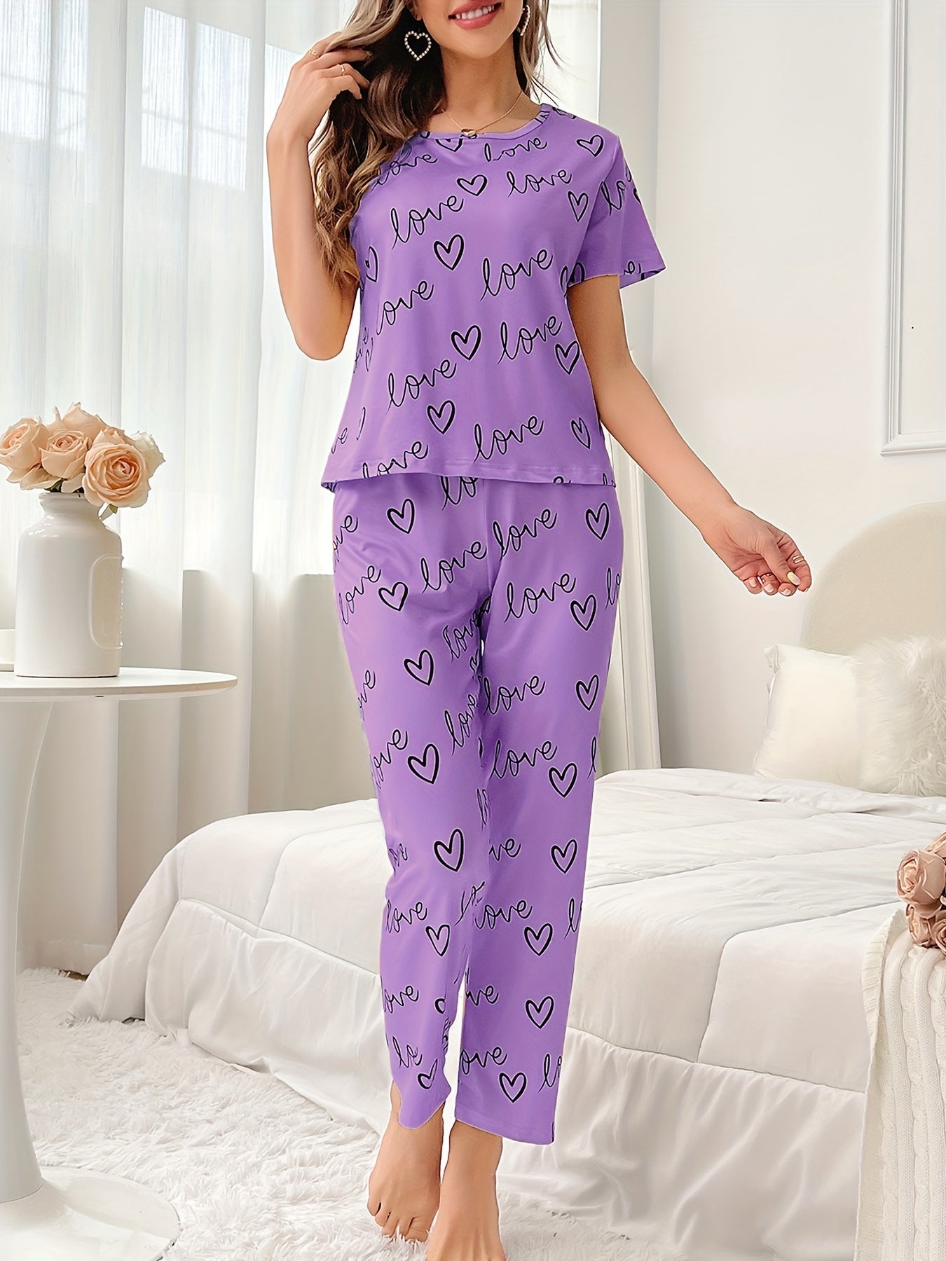 Pyjama Femme Long Pantalon + Chemise à Manches Courtes Amour L&C en Coton | CozyCloud