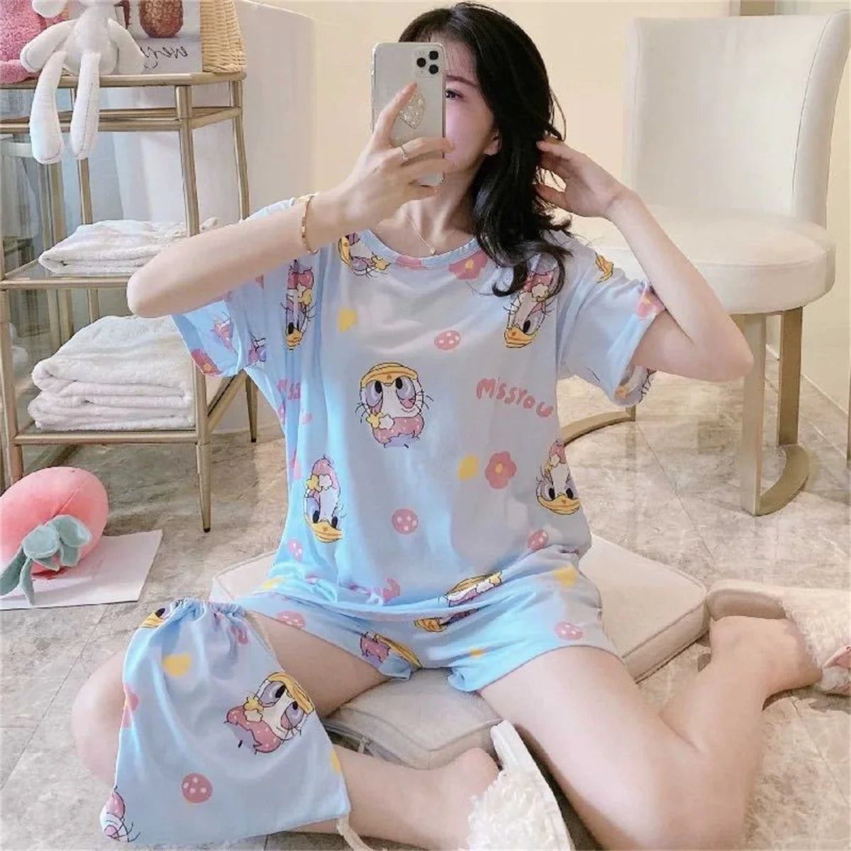 Pyjama Femme Court Shorts + Chemise à Manches Courtes DaisyDuck en Coton | CozyCloud