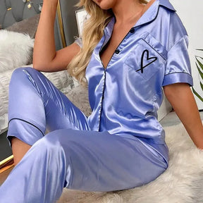 Pyjama Femme Long Pantalon + Chemise à Manches Courtes Battement en 100% Soie | CozyCloud