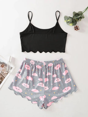 Pyjama Femme Court Shorts + Crop Top Nuages Sommeil en Coton | CozyCloud