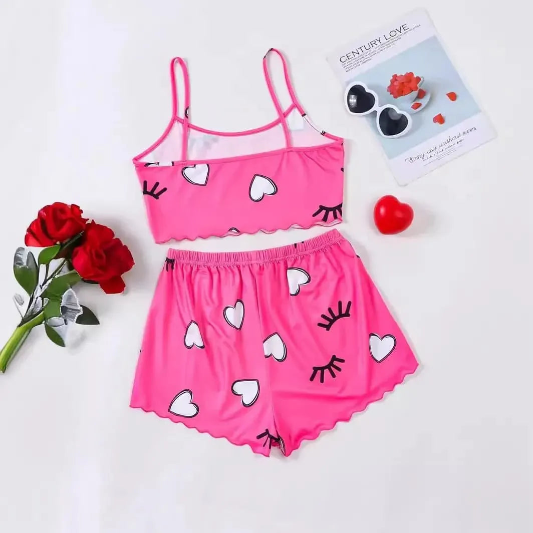 Pyjama Femme Court Shorts + Crop Top Câlin Cils en Coton | CozyCloud