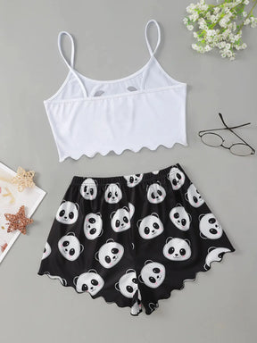 Pyjama Femme Court Shorts + Crop Top Pandas en Coton | CozyCloud