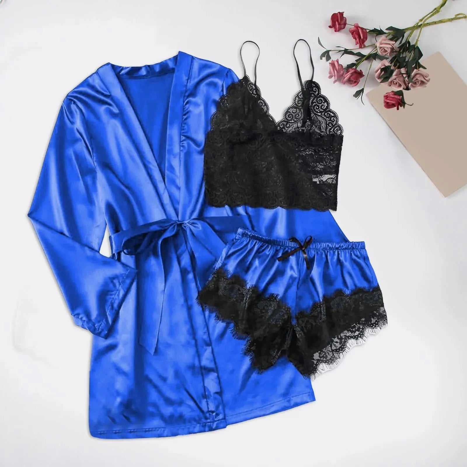 Pyjama Femme Ensemble Peignoir avec Noeud + Shorts Court + Crop Top en Dentelle UniStyle en 100% Soie | CozyCloud