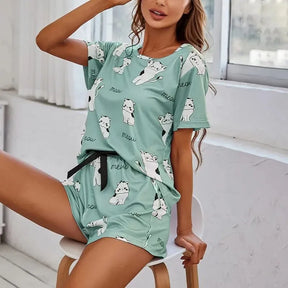 Pyjama Femme Court Shorts + Chemise à Manches Courtes Gatitos en Coton | CozyCloud