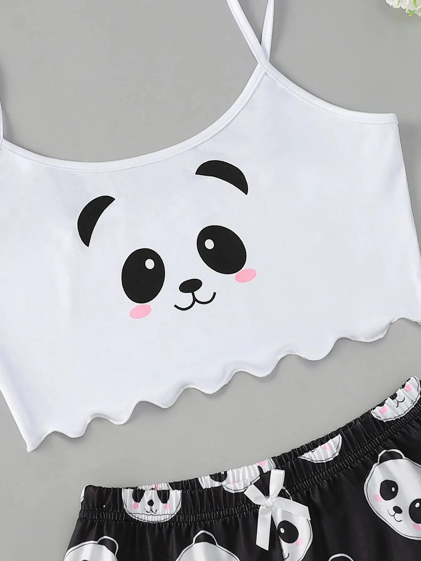 Pyjama Femme Court Shorts + Crop Top Pandas en Coton | CozyCloud