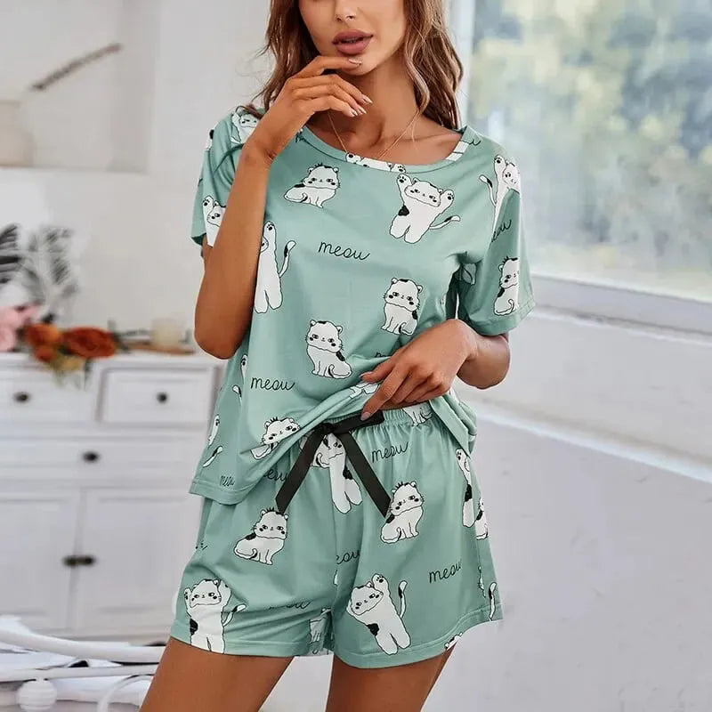 Pyjama Femme Court Shorts + Chemise à Manches Courtes Gatitos en Coton | CozyCloud